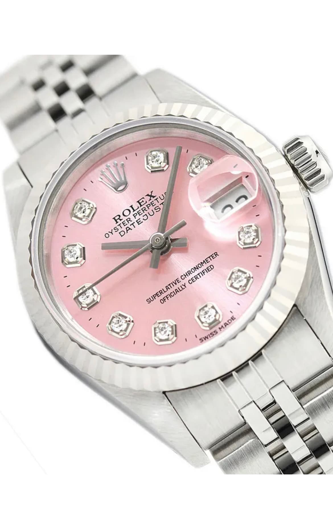 Luxury watches — Rolex Datejust pink dial with diamond markers, Jubilee bracelet (example category photo)